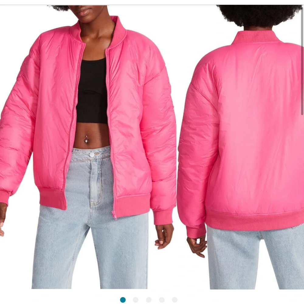 Black Steve Madden Shirred Puffer Bomber Jacket - Picture 2 of 2